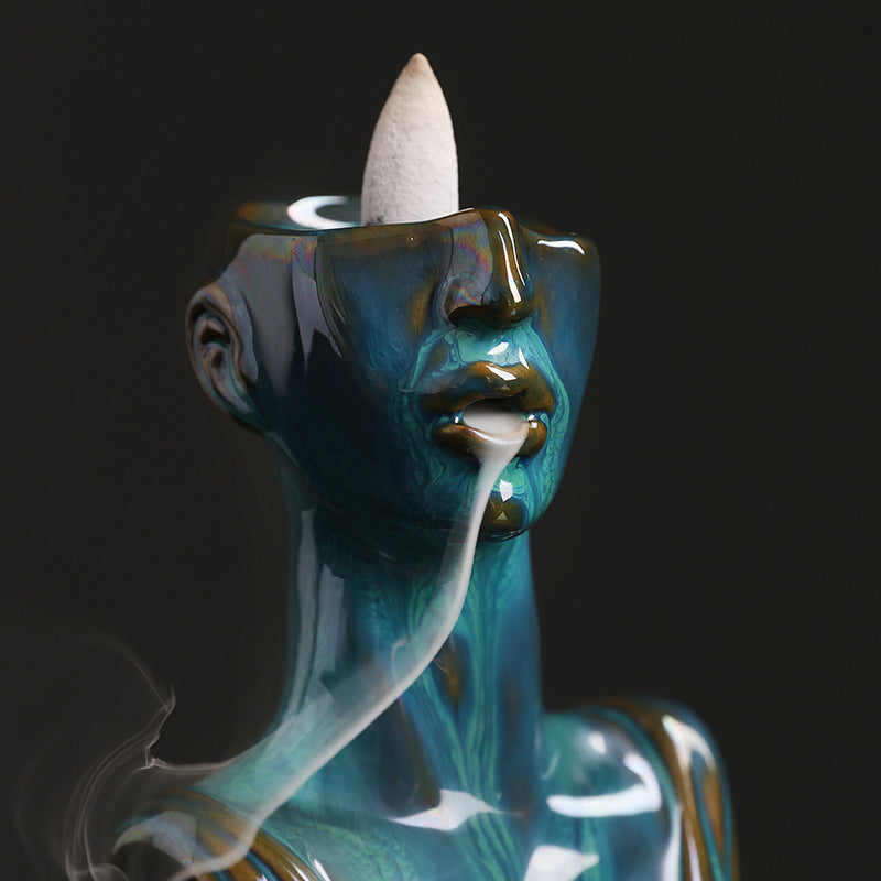 1pc Ceramic Waterfall Backflow Incense Holder  Elegant Woman Face Sculpture Design with Smooth Flowing Smoke Blue  Teal Artistic Home Decor for Living Room Meditation Spaces Incense Holder  Elegant Design  Smooth Teal Finish
