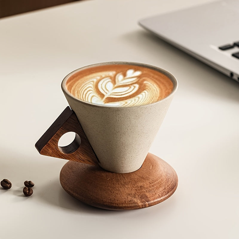 1 61Oz Handmade Ceramic Wide Mouth Coffee Cup Suitable for Flower Art FunnelShaped HeatResistant Wooden Handle And Solid Wood Coaster High Quality Choice for Home And Office