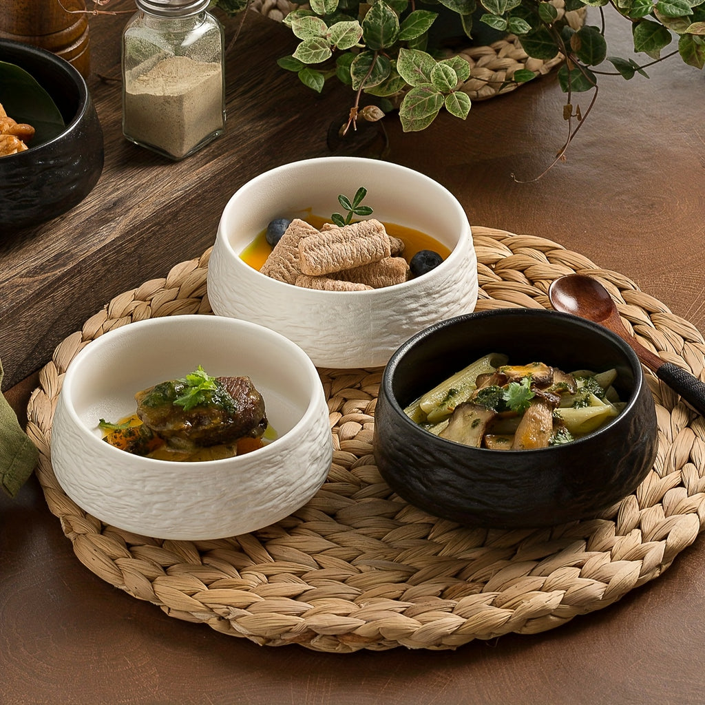 2pcs Ceramic Rice Bowl Rock Texture Rim Rice Bowl Home Breakfast Plate Dessert Bowl Restaurant and Hotel Porcelain Tableware Holiday Gift Japanese Style Dish Black White